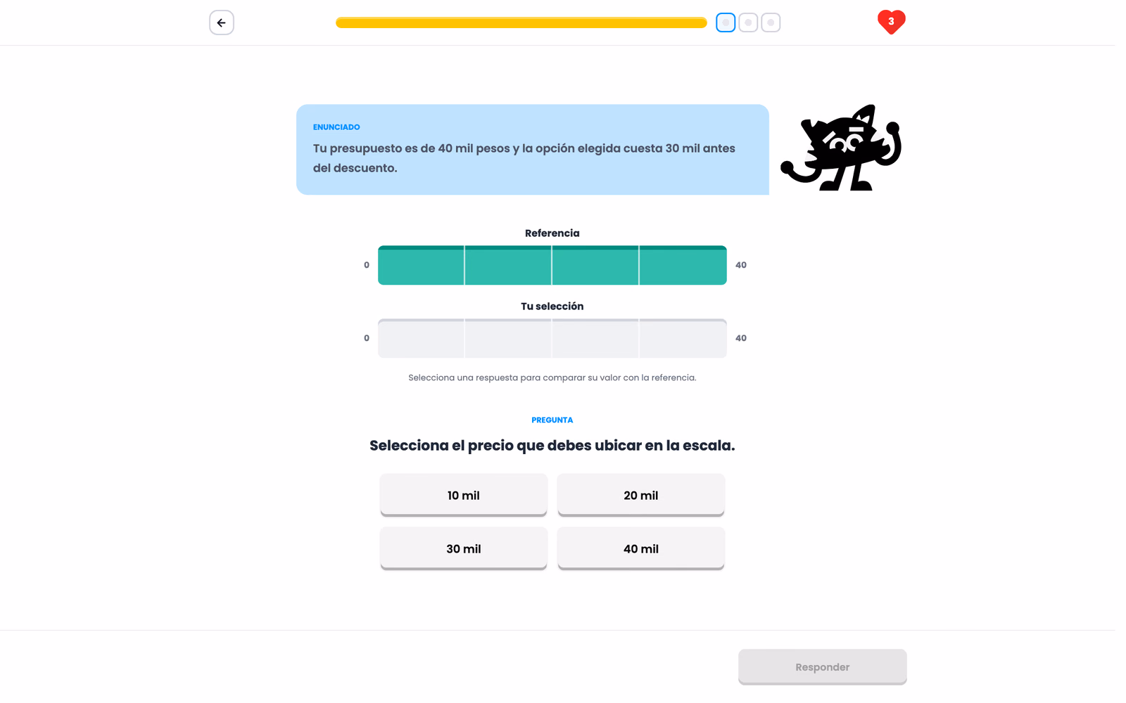Graus activity player presenting a budget comparison question with a visual scale and four selectable price answers.