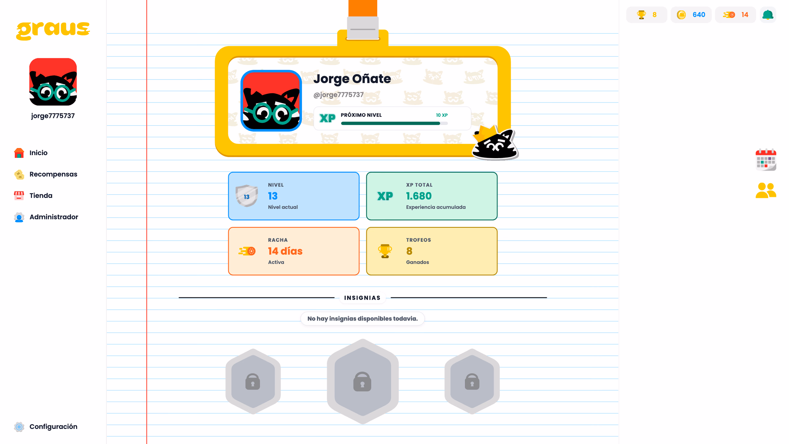 Graus profile page for jorge7775737 with a customized avatar, notebook-paper background, corner sticker, and a mix of selected and unselected profile statistics.