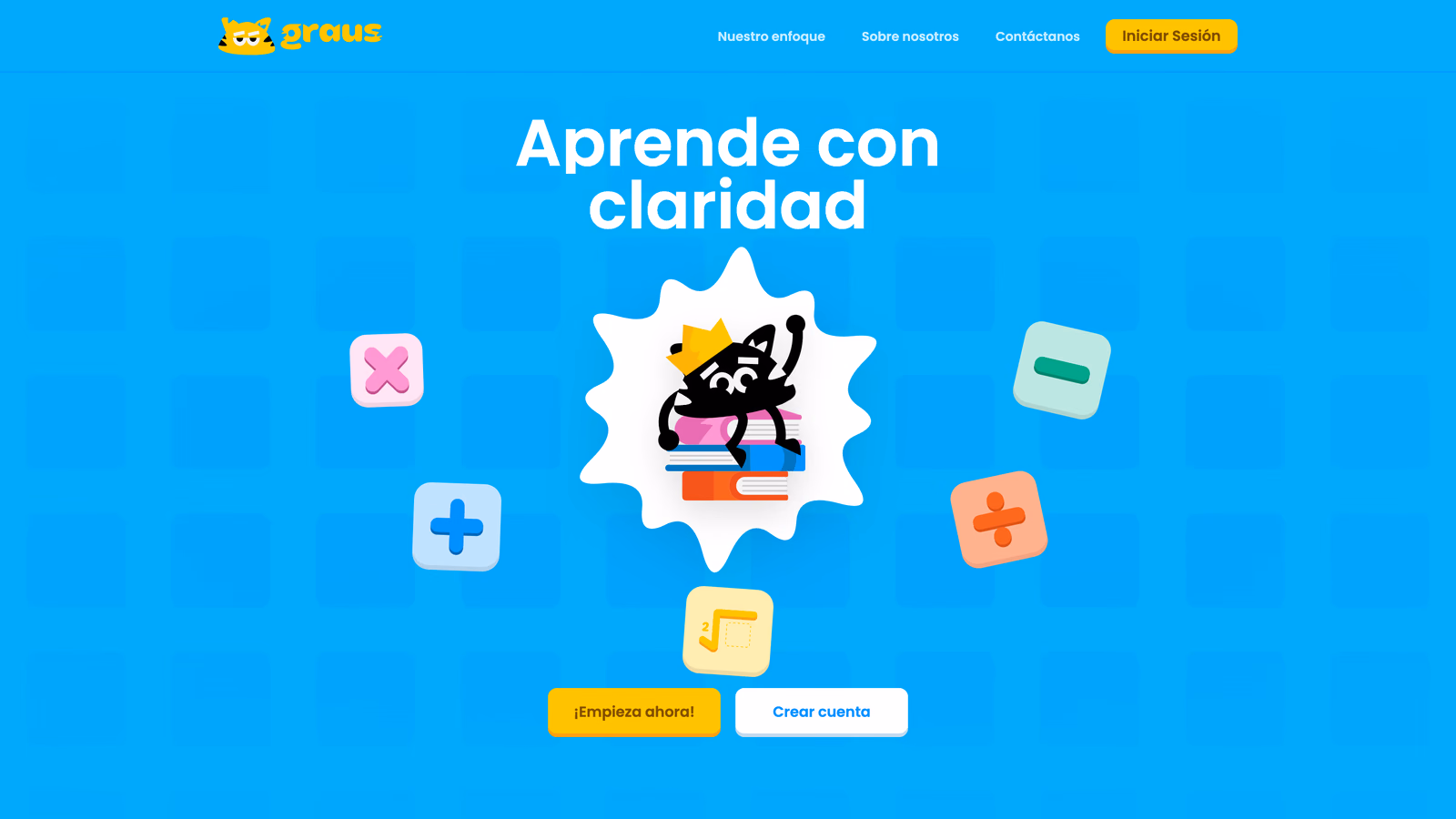 Graus public landing hero with the product mascot, bold educational messaging, and mathematics-themed interface artwork.