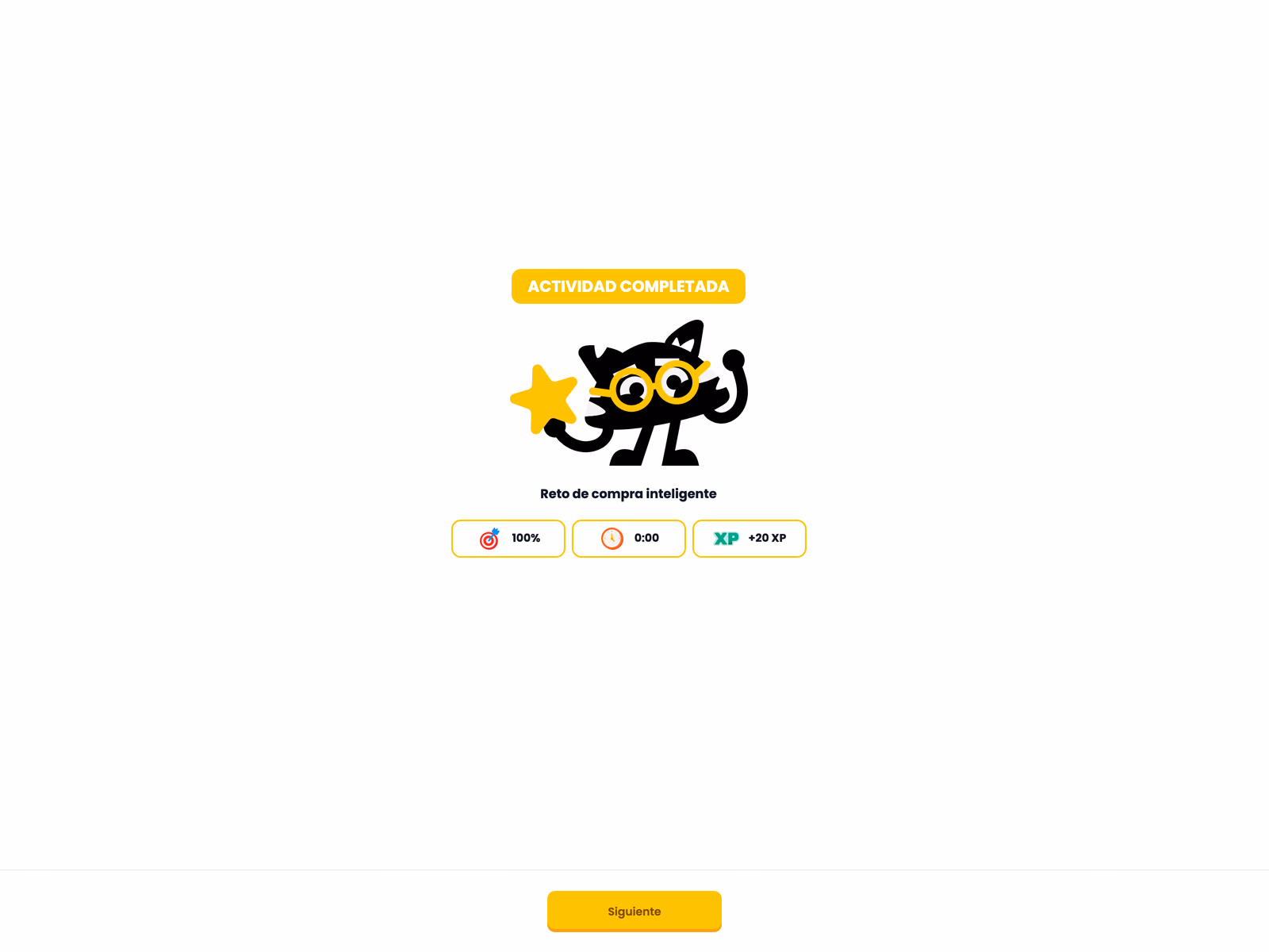 Graus activity completion screen showing its mascot, a one-hundred-percent result, elapsed time, and experience reward.