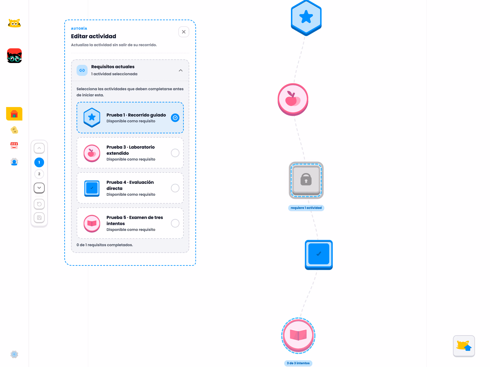 Graus activity editor with a prerequisite selector beside a vertical map of connected activity nodes.