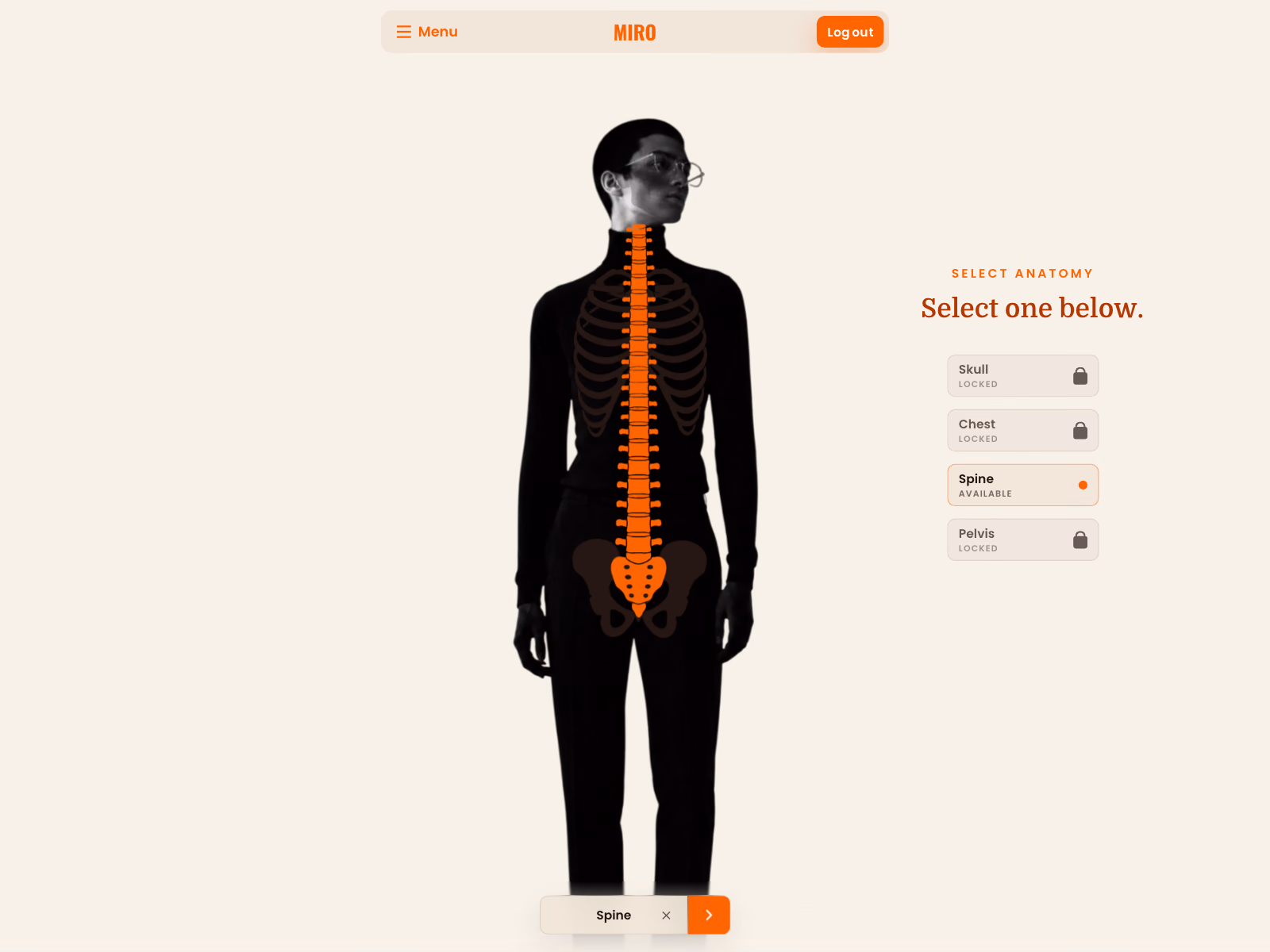 MIRO anatomy selector with Spine selected on a standing person, an orange spine and pelvis overlay, and future anatomy modules shown as locked.