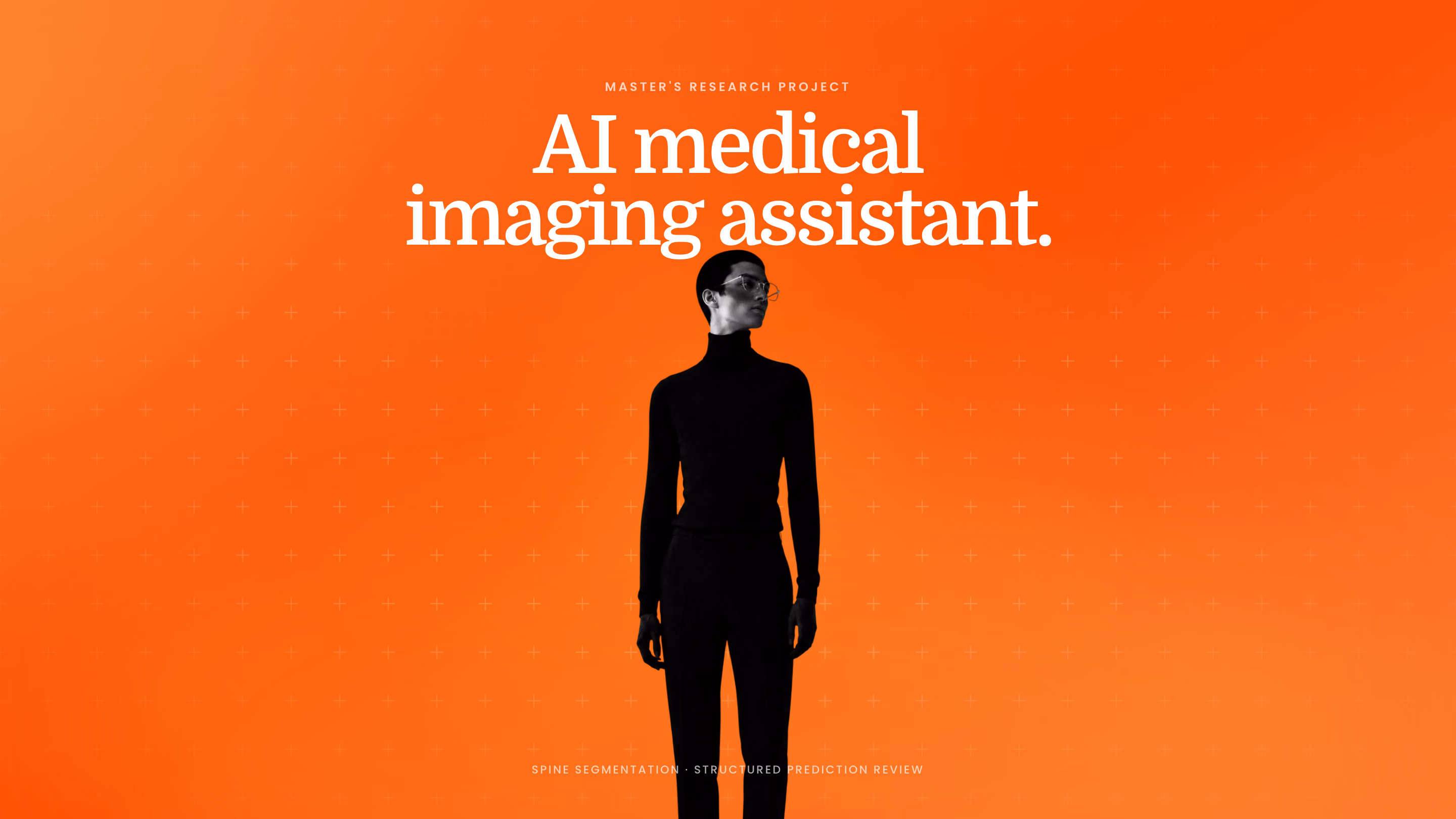 Designed orange MIRO cover reading AI medical imaging assistant above a standing person and a subtle cross-grid texture.