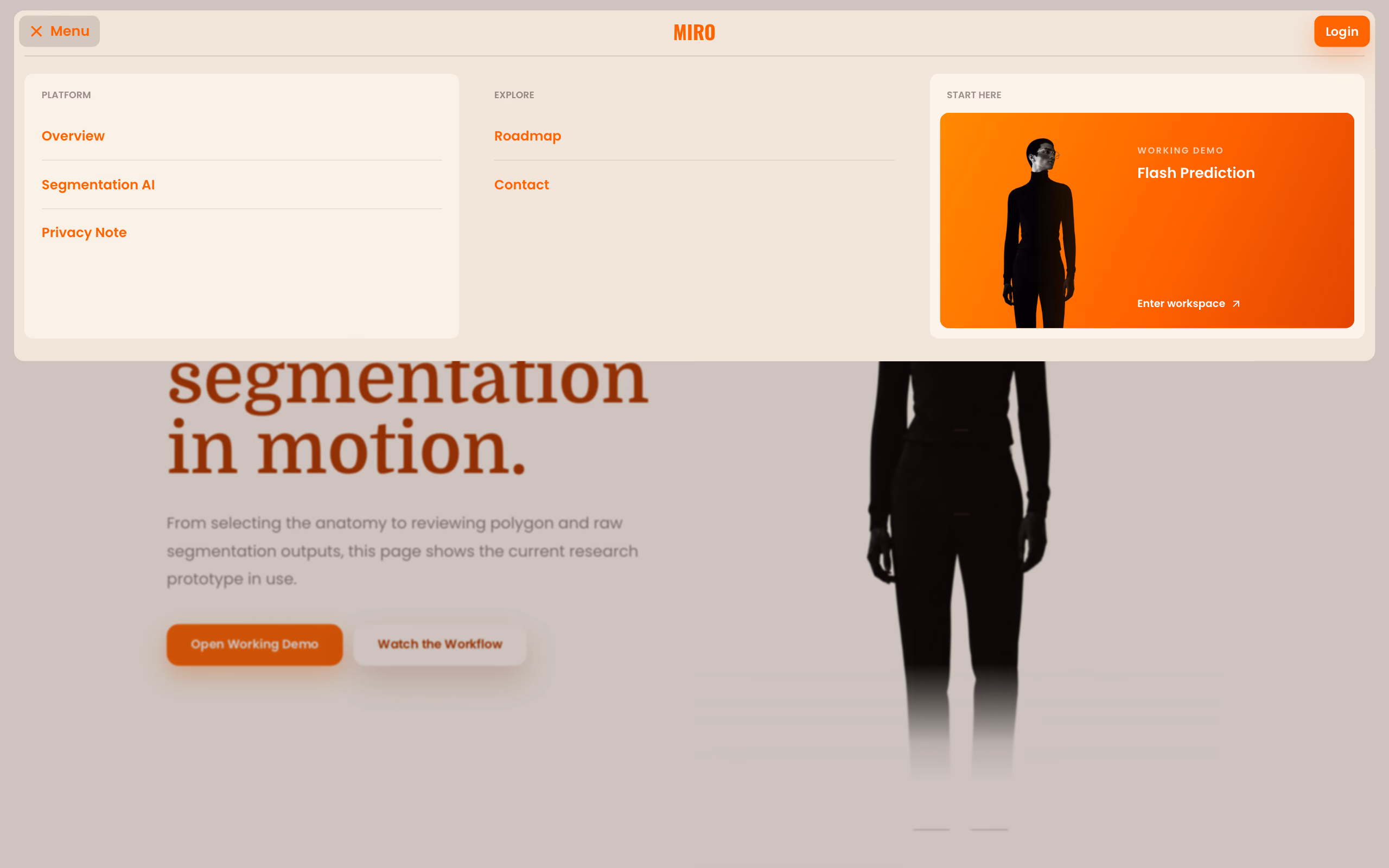 MIRO segmentation page with its expanded site navigation open beside the research interface.