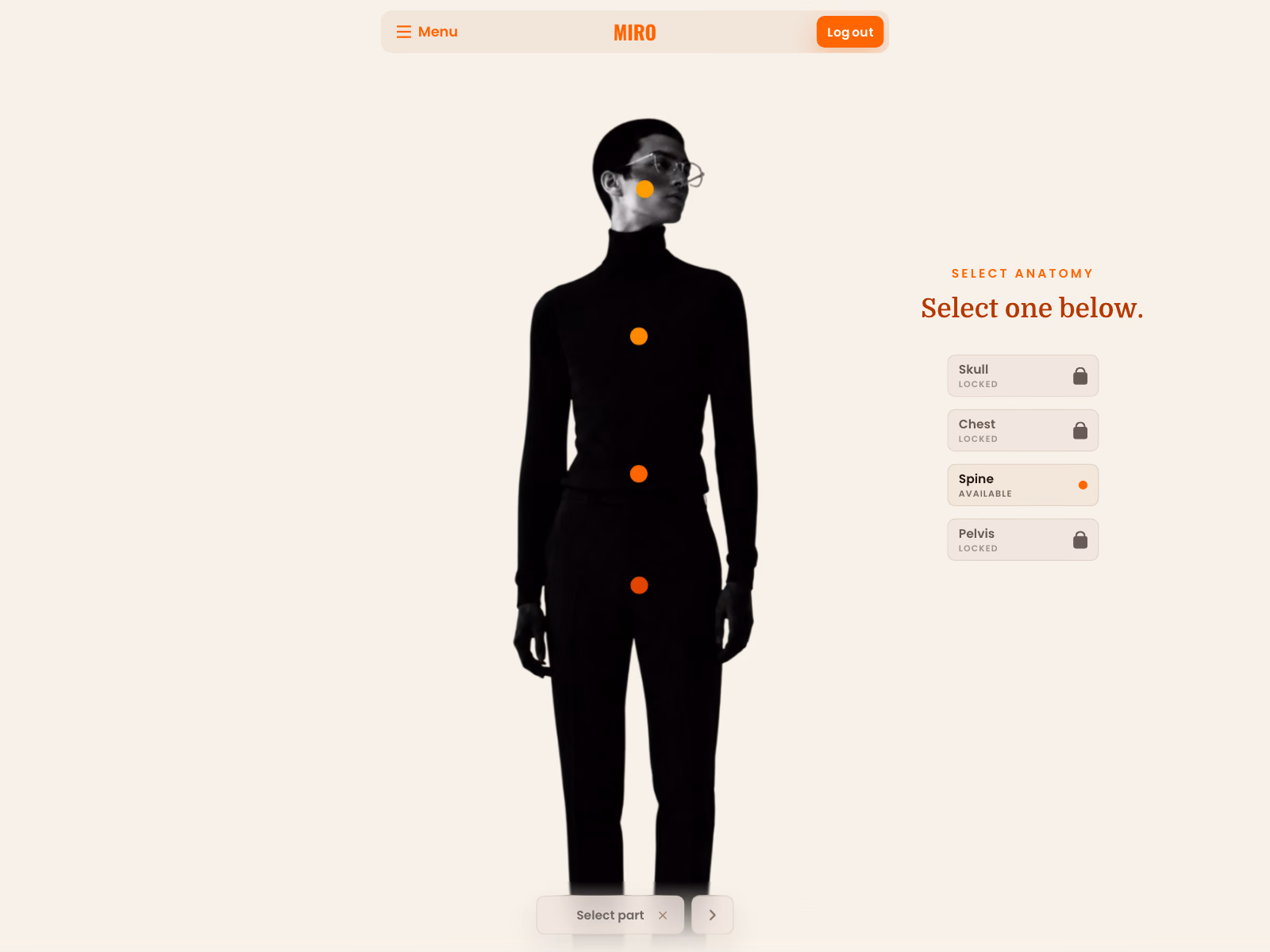 MIRO prediction workspace in its natural initial state before an anatomy region or radiograph has been selected.