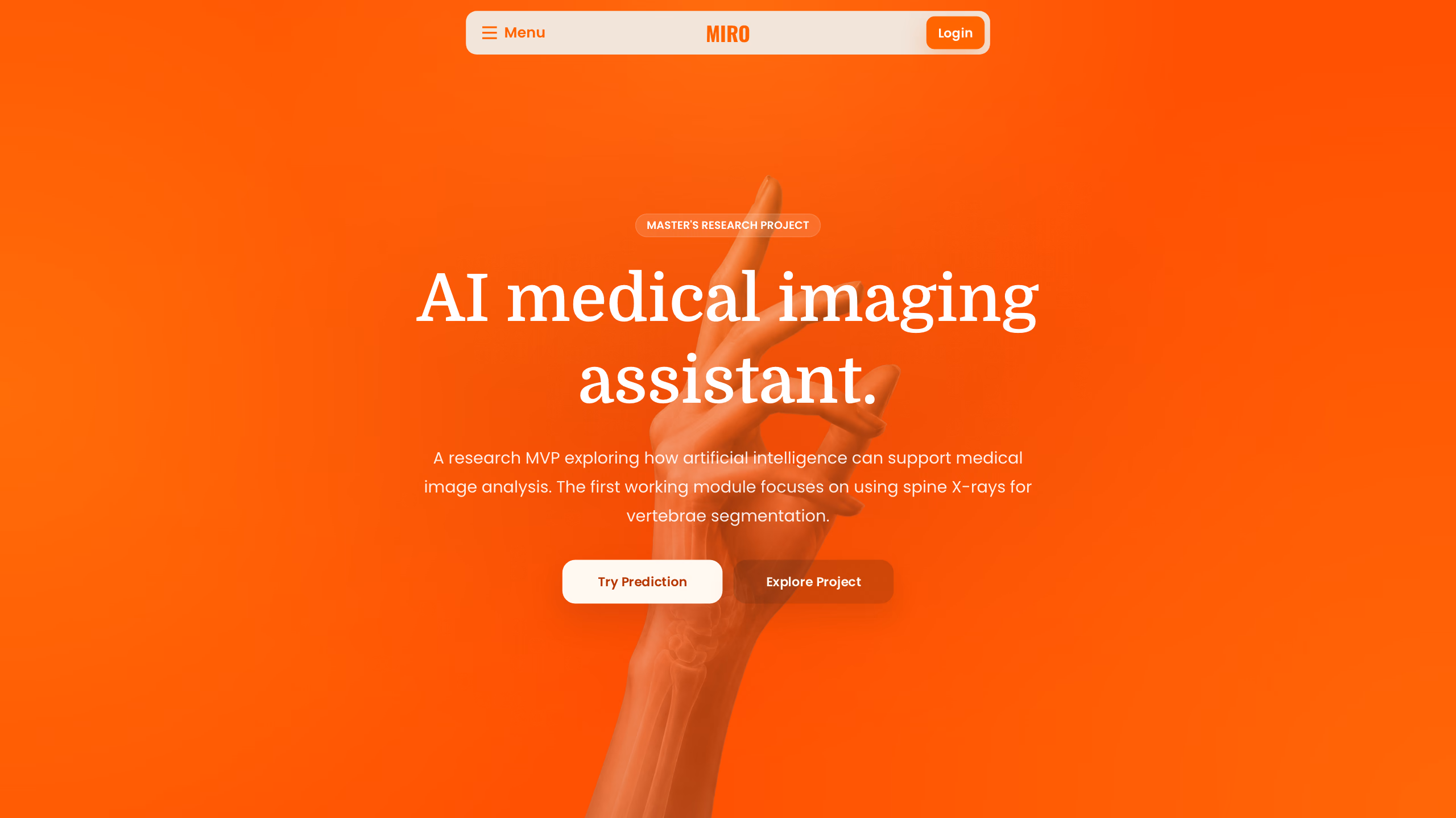 MIRO public landing hero with the site navigation and a large introduction to the medical-imaging research experience.