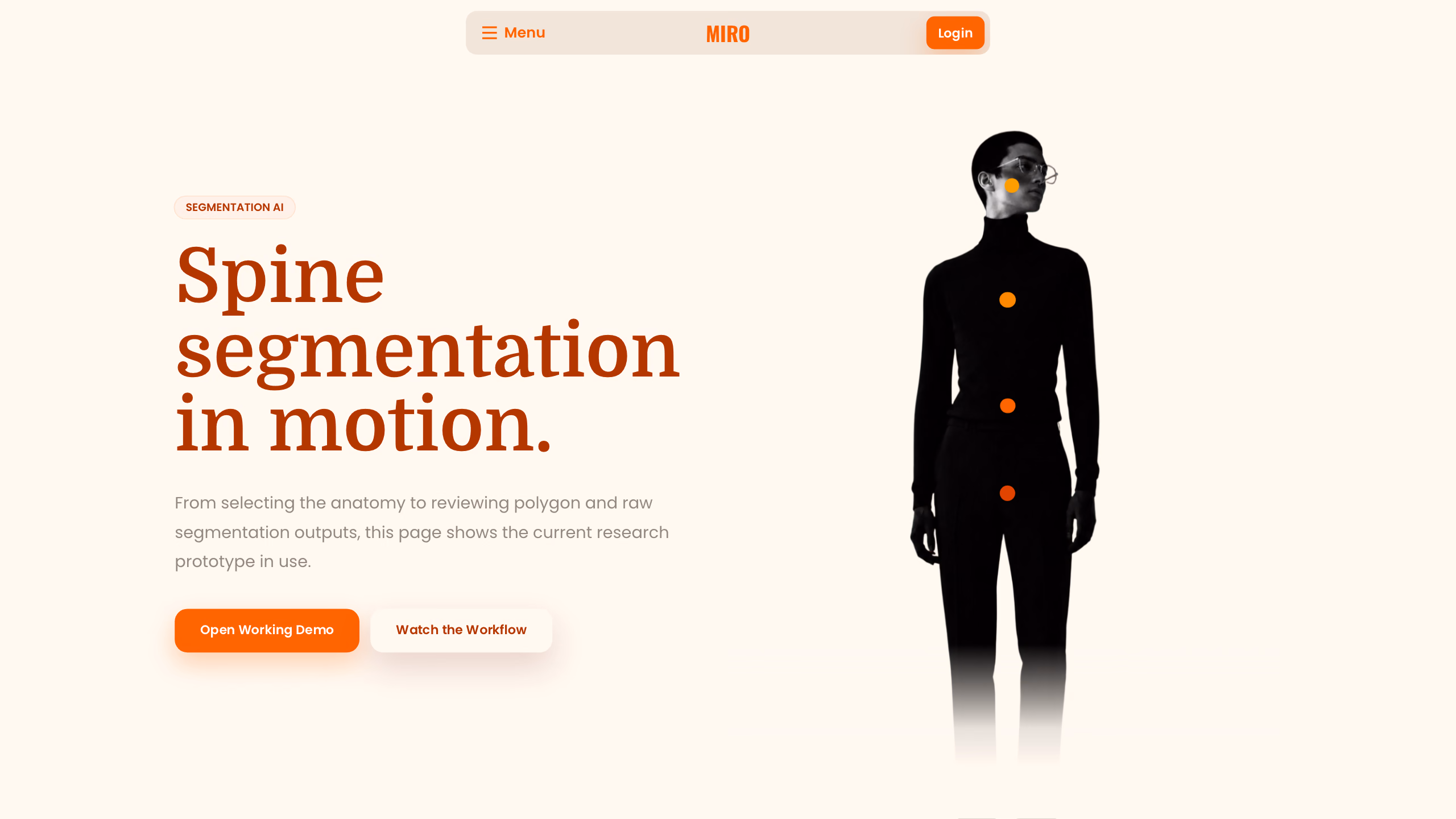 MIRO spine-segmentation hero with a standing anatomy figure and four section markers beside the introductory copy.
